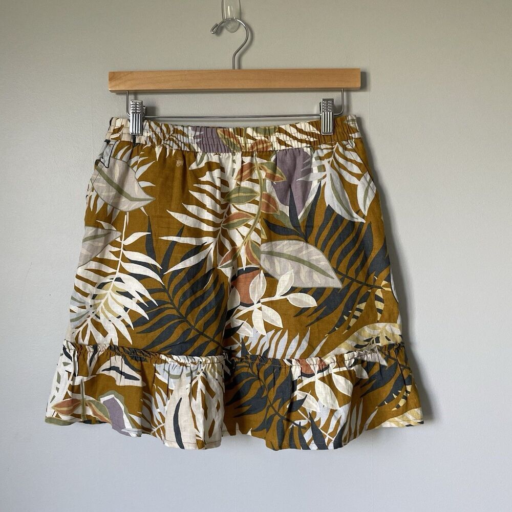 C&C California 100% Linen Tropical Print Mini Skirt Yellow Green Women's Small